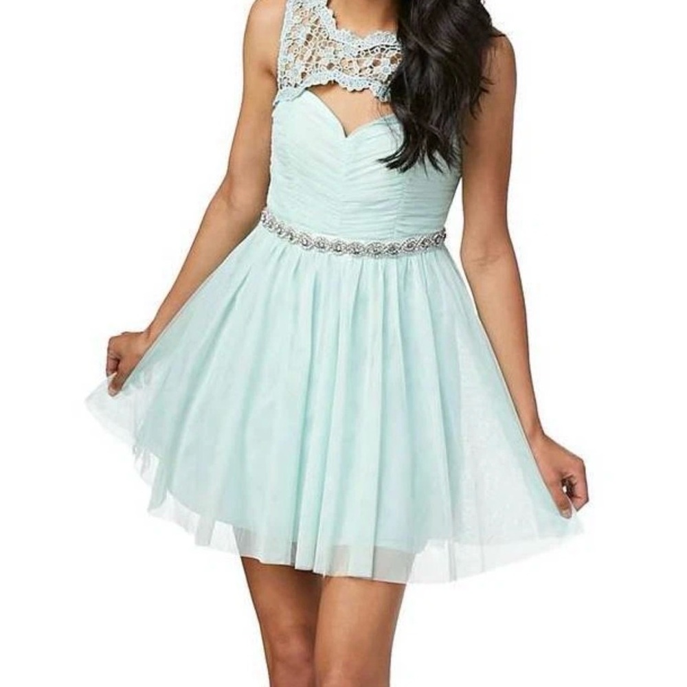 Elegant Lace-Trimmed Light Blue Dress